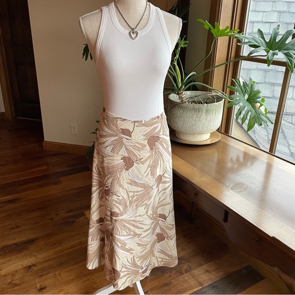 Vintage Linen Blend Floral A-Line Beige and Tan Midi Skirt 90s Y2K Office Work - Picture 12 of 12